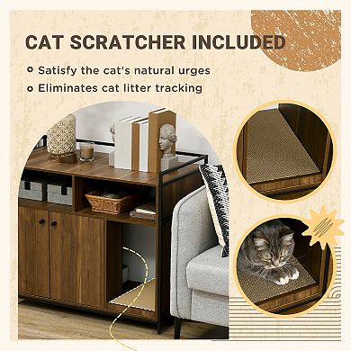 PawHut Hidden Cat Litter Box Enclosure with Scratching Pad, Cat Washroom Storage Bench Side End Table with Double Doors, Brown