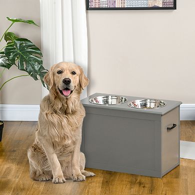 PawHut Raised Pet Feeding Storage Station with 2 Stainless Steel Bowls