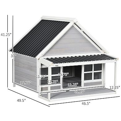 Pawhut Wooden Dog House Outdoor Cabin Style W/ Porch, Pvc Roof, Windows