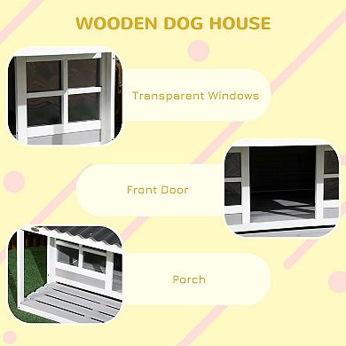 Pawhut Wooden Dog House Outdoor Cabin Style W/ Porch, Pvc Roof, Windows