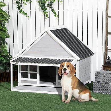 Pawhut Wooden Dog House Outdoor Cabin Style W/ Porch, Pvc Roof, Windows