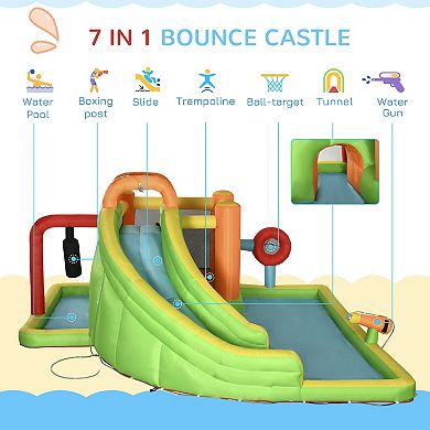 Outsunny 7-in-1 Inflatable Water Slide, Kids Castle Bounce House Includes Slide, trampoline, Pool, Water Cannon, Ball-target, Boxing Post, Tunnel with Carry Bag, Repair Patches, 750W Air Blower