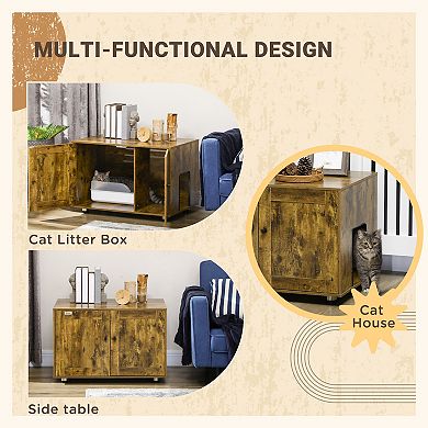 PawHut Rustic Farmhouse Cat Litter Box Furniture with Double Doors, Hidden Kitty Litter Enclosure Table