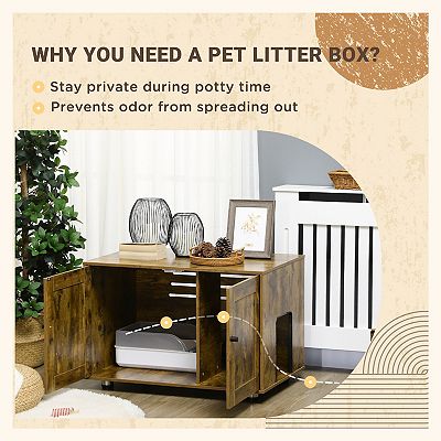 PawHut Rustic Farmhouse Cat Litter Box Furniture with Double Doors Hidden Kitty Litter Enclosure Table Rustic Brown