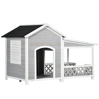 Pawhut Wooden Dog House W/ Porch, Asphalt Roof, For Medium And Large Dog