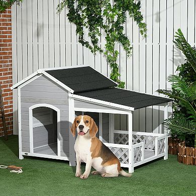 Pawhut Wooden Dog House W/ Porch, Asphalt Roof, For Medium And Large Dog