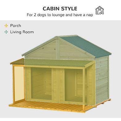 Wooden Dog House Outdoor For 2 Medium Small Dogs, Double Dog House With Porch