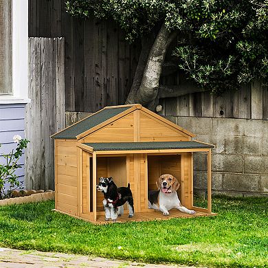 Wooden Dog House Outdoor For 2 Medium Small Dogs, Double Dog House With Porch