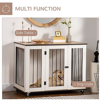 Modern Large Dog Crate End Table With Wheels & Big Tabletop, Dog Crate Furniture