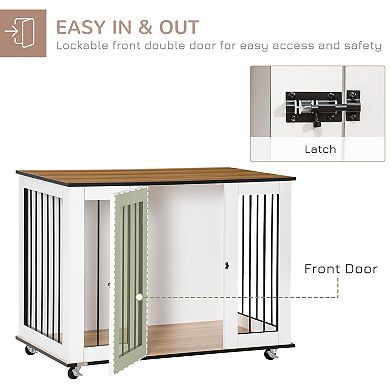 Modern Large Dog Crate End Table With Wheels & Big Tabletop, Dog Crate Furniture