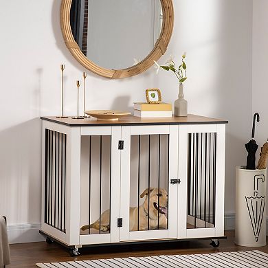 Modern Large Dog Crate End Table With Wheels & Big Tabletop, Dog Crate Furniture