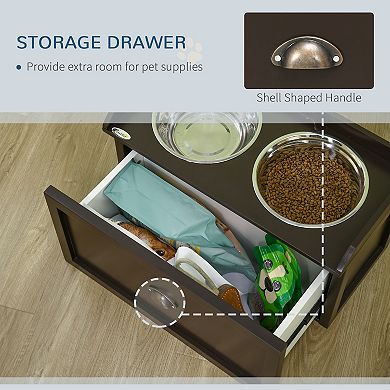 PawHut Large Elevated Dog Bowls with Storage, Raised Dog Bowl Stand, Brown