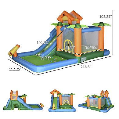 Outsunny 5-in-1 Inflatble Water Slide Kids Bounce House Summer Theme Jumping Castle Includes Slide Trampoline Pool Water Gun Climbing Wall with Carry Bag, Repair Patches and 450W Air Blower