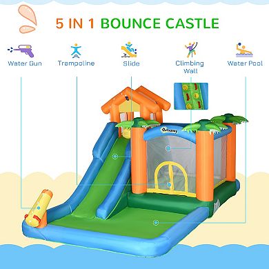 Outsunny 5-in-1 Inflatble Water Slide Kids Bounce House Summer Theme Jumping Castle Includes Slide Trampoline Pool Water Gun Climbing Wall with Carry Bag, Repair Patches and 450W Air Blower