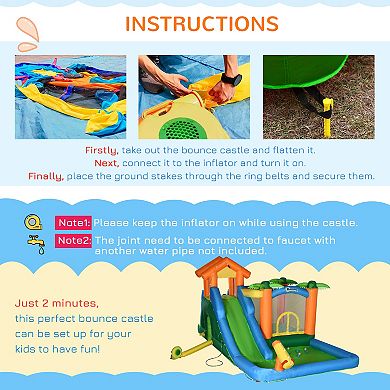 Outsunny 5-in-1 Inflatble Water Slide Kids Bounce House Summer Theme Jumping Castle Includes Slide Trampoline Pool Water Gun Climbing Wall with Carry Bag, Repair Patches and 450W Air Blower