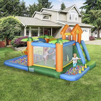 Outsunny 5-in-1 Inflatble Water Slide Kids Bounce House Summer Theme Jumping Castle Includes Slide Trampoline Pool Water Gun Climbing Wall with Carry Bag, Repair Patches and 450W Air Blower