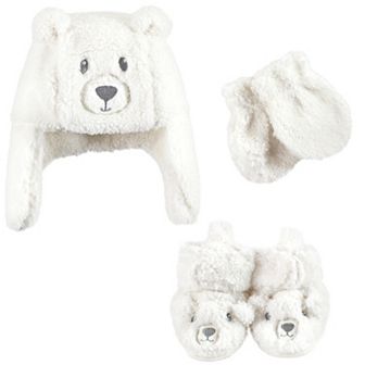 Hudson Baby Unisex Baby Trapper Hat, Mitten and Bootie Set, Cream Bear