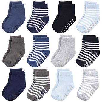 Touched by Nature Baby and Toddler Boy Organic Cotton Socks with Non-Skid Gripper for Fall Resistance, Blue