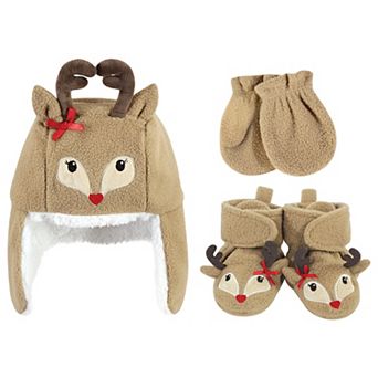 Hudson Baby Infant Girl Trapper Hat, Mitten and Bootie Set, Girl Reindeer
