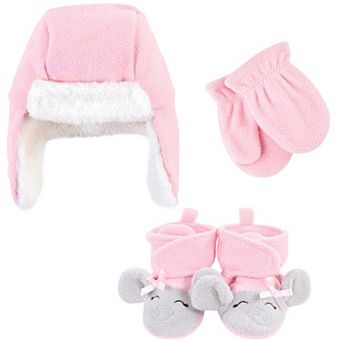 Hudson Baby Infant Girl Trapper Hat, Mitten and Bootie Set, Pink Gray Elephant