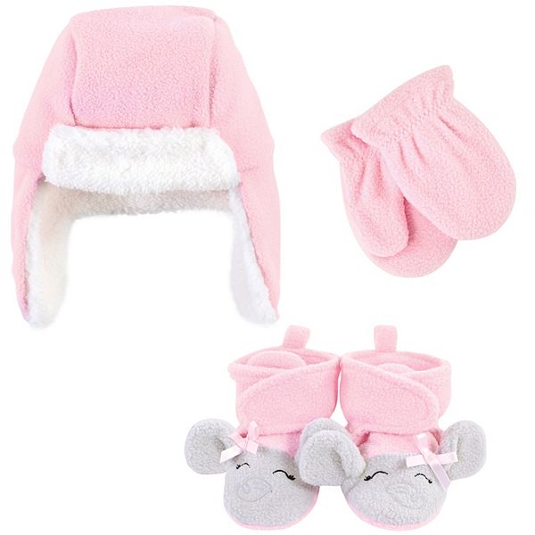 Hudson Baby Infant Girl Trapper Hat, Mitten and Bootie Set, Pink Gray
