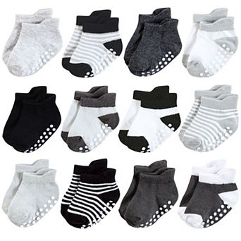Hudson Baby Infant Boy Non-Skid No-Show Socks, Black White Stripes, 2-4 Toddler