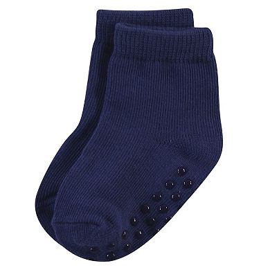 Touched by Nature Baby and Toddler Boy Organic Cotton Socks with Non-Skid Gripper for Fall Resistance, Solid Black Blue