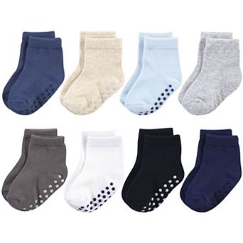 Touched by Nature Baby and Toddler Boy Organic Cotton Socks with Non-Skid Gripper for Fall Resistance, Solid Black Blue