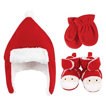 Hudson Baby Unisex Baby Trapper Hat, Mitten and Bootie Set, Santa, 18-24 Months