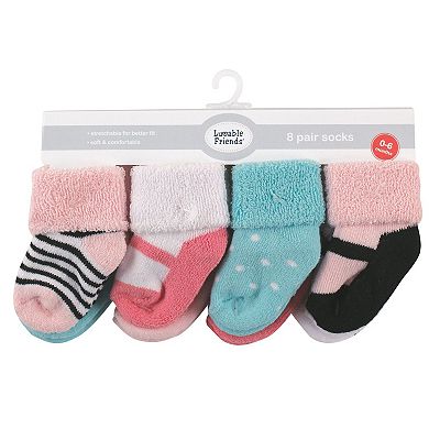 Luvable Friends Baby Girl Newborn and Baby Terry Socks, Mint Pink Mary Janes, 0-6 Months