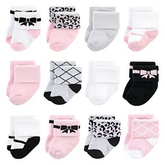 Hudson Baby Infant Girl Cotton Rich Newborn and Terry Socks, Bows 12-Pack