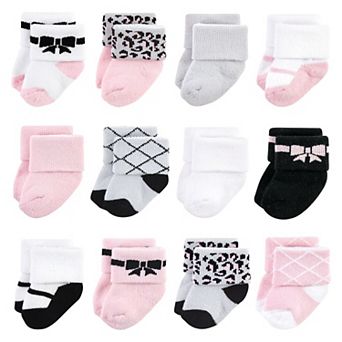 Hudson Baby Infant Girl Cotton Rich Newborn and Terry Socks, Bows 12-Pack, 0-6 Months