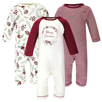 Touched by Nature Baby Girl Organic Cotton Coveralls 3 pk Holly Berry, 3-6 Months