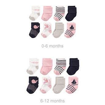 Infant Girl Grow with Me Cotton Terry Socks, Pink Sailboat, 0-6 and 6-12 Months