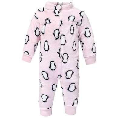 Hudson Baby Infant Girl Plush Jumpsuits, Pink Penguin
