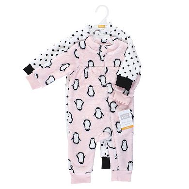 Hudson Baby Infant Girl Plush Jumpsuits, Pink Penguin
