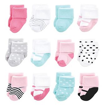 Luvable Friends Baby Girl Newborn and Baby Terry Socks, Mint Pink Mary Janes 12-Pack