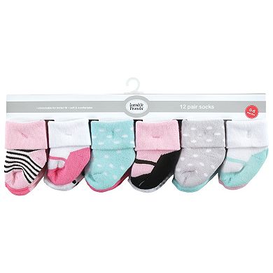 Luvable Friends Baby Girl Newborn and Baby Terry Socks, Mint Pink Mary Janes 12-Pack