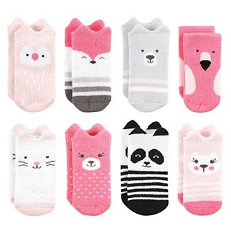 Hudson Baby Infant Girl Cotton Rich Newborn and Terry Socks, Pink Animals