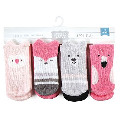 Hudson Baby Infant Girl Cotton Rich Newborn and Terry Socks, Pink Animals