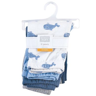 Hudson Baby Infant and Toddler Boy Cotton Pants 4pk, Blue Whales