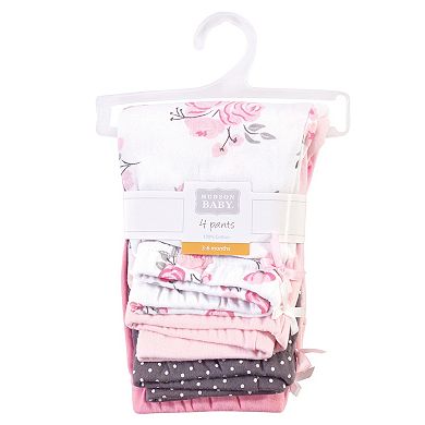 Hudson Baby Infant and Toddler Girl Cotton Pants 4pk, Basic Pink Floral
