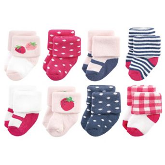 Hudson Baby Infant Girls Cotton Rich Newborn and Terry Socks, Pink Strawberry