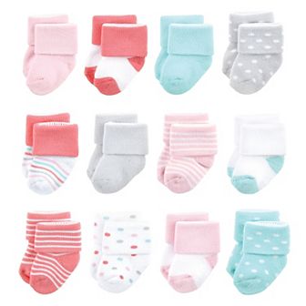 Luvable Friends Baby Girl Newborn and Baby Terry Socks, Coral Dots 12-Pack
