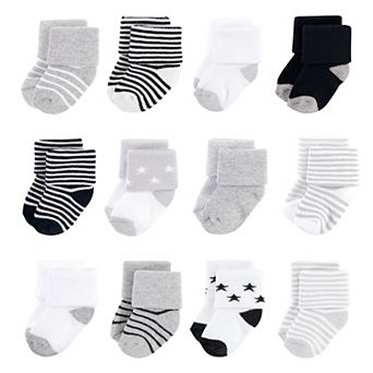 Hudson Baby Infant Unisex Cotton Rich Newborn and Terry Socks, Gray Black Stars