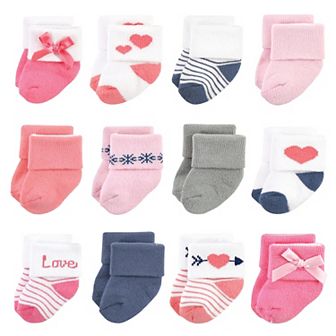 Hudson Baby Infant Girl Cotton Rich Newborn and Terry Socks, Love 12-Pack