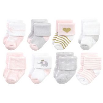 Hudson Baby Infant Girls Cotton Rich Newborn and Terry Socks, Pink Gray Elephant