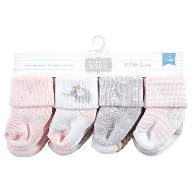 Hudson Baby Infant Girls Cotton Rich Newborn and Terry Socks, Pink Gray Elephant