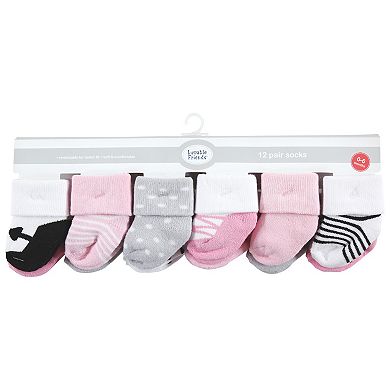 Luvable Friends Baby Girl Newborn and Baby Terry Socks, Pink Black Ballet 12-Pack