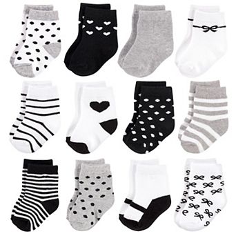 Hudson Baby Infant Girl Cotton Rich Newborn and Terry Socks, Girls Gray Black, 0-6 Months